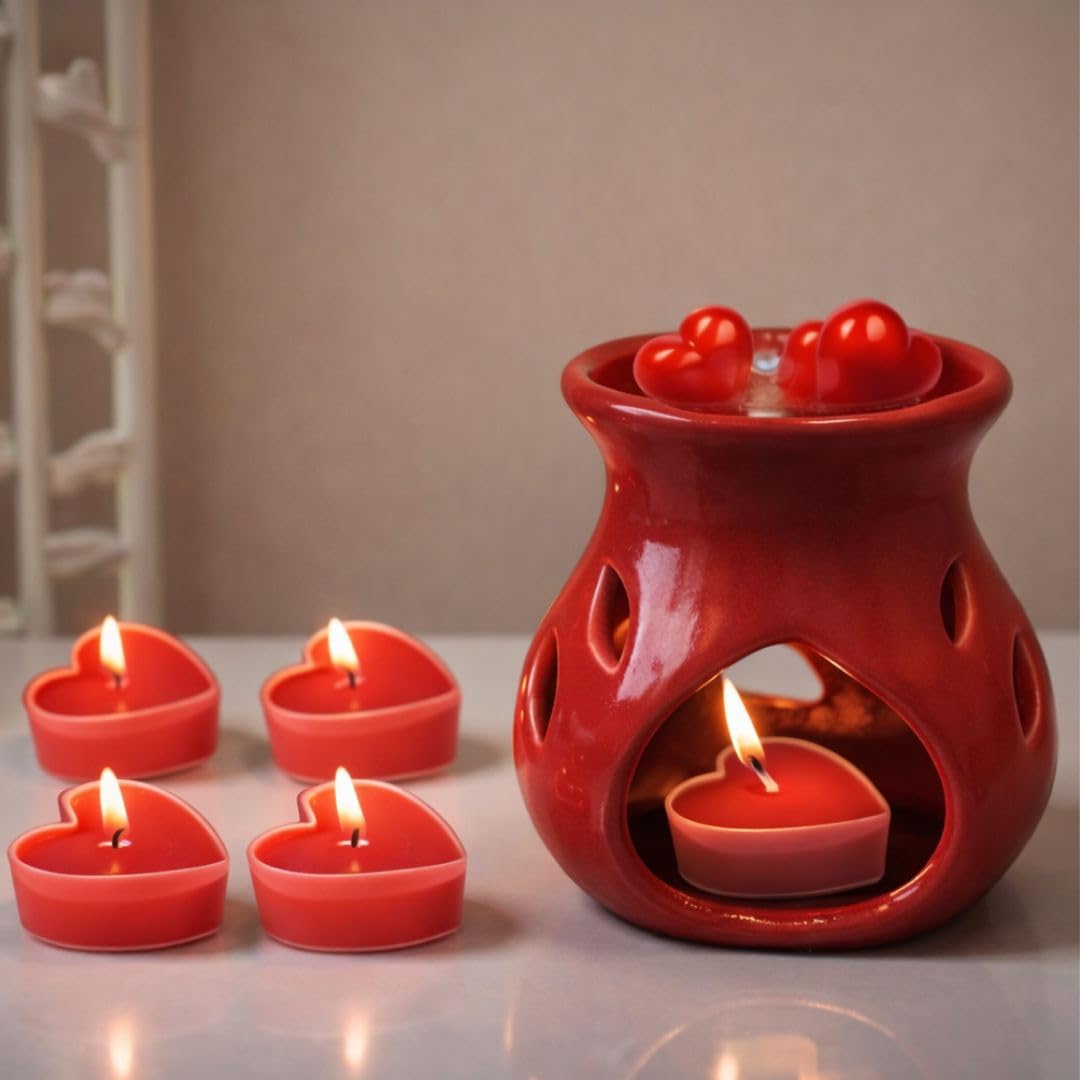 Asian Aura Fragrance Gift Set, Red Ceramic Oil Burner with Heart Shaped Candles, Valentine Theme, Oil Diffuser, Home Aromatherapy Decor