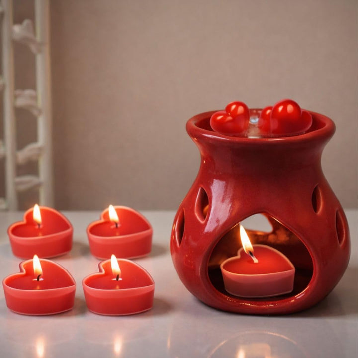 Asian Aura Fragrance Gift Set, Red Ceramic Oil Burner with Heart Shaped Candles, Valentine Theme, Oil Diffuser, Home Aromatherapy Decor
