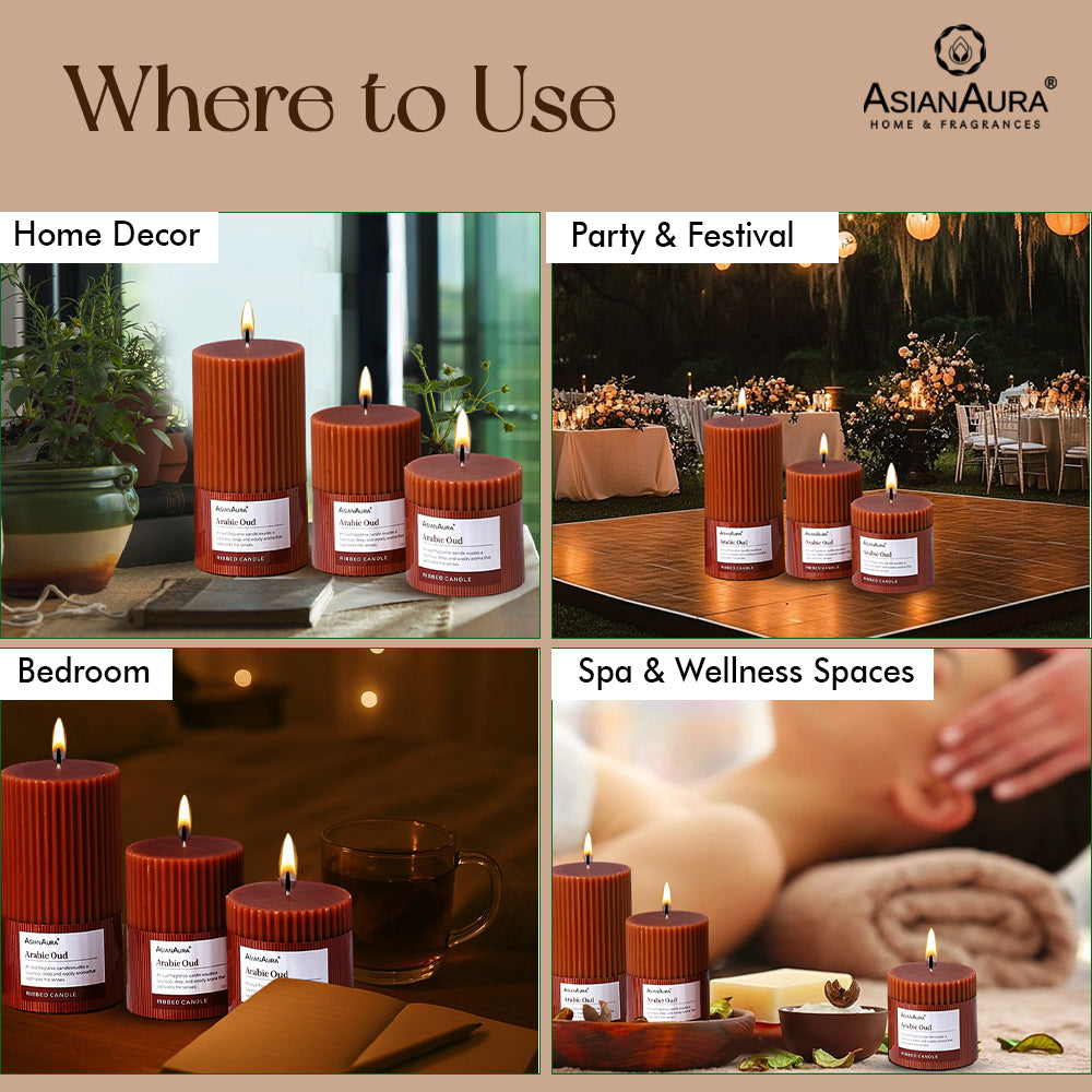 Ribbed Pillar Candle (Pack of 3) - Arabic Oud