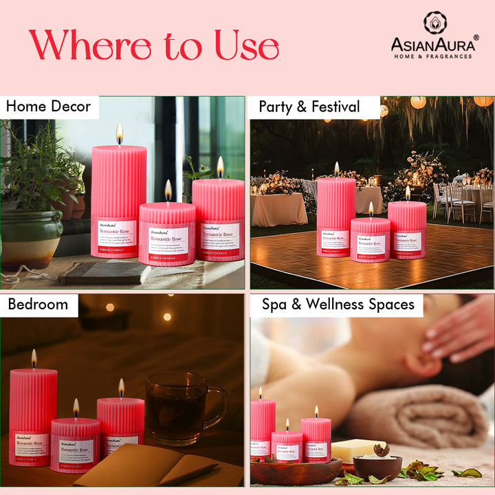 Ribbed Pillar Candle (Pack of 3) - Romantic Rose