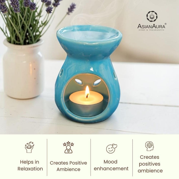 Asian Aura Aroma Gift Set with Ceramic Oil Diffuser, 2 Aroma Oils & 4 T-Light Candles | Aromatherapy Home Fragrance for Spa, Bedroom & Office | Diwali & Occasion Gifts (Soft Lavender)