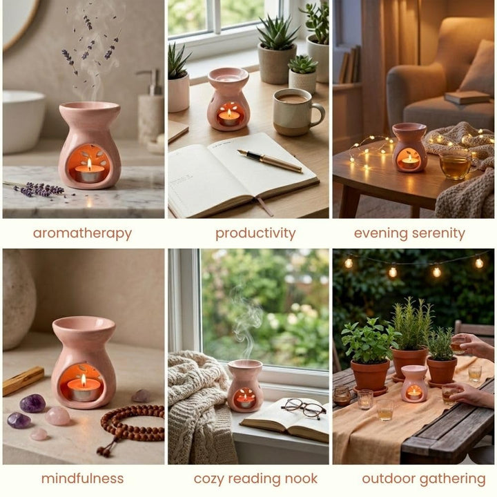 Asian Aura Aroma Gift Set with Ceramic Oil Diffuser, 2 Aroma Oils & 4 T-Light Candles | Aromatherapy Home Fragrance for Spa, Bedroom & Office | Diwali & Occasion Gifts (Romantic Rose)