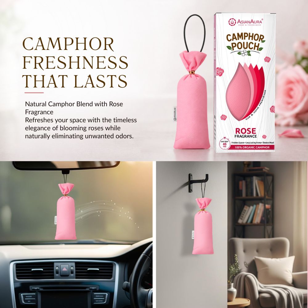Rose Camphor Air Freshener Pouch | Long-Lasting Camphor Fragrance for Car, Wardrobe, Office, Drawers, Travel Bag & Bathroom | Odour Control & Home Freshener | 1 Pouch
