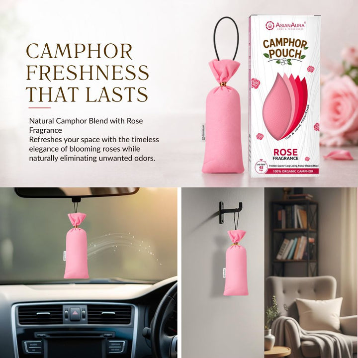 Rose Camphor Air Freshener Pouch | Long-Lasting Camphor Fragrance for Car, Wardrobe, Office, Drawers, Travel Bag & Bathroom | Odour Control & Home Freshener | 1 Pouch
