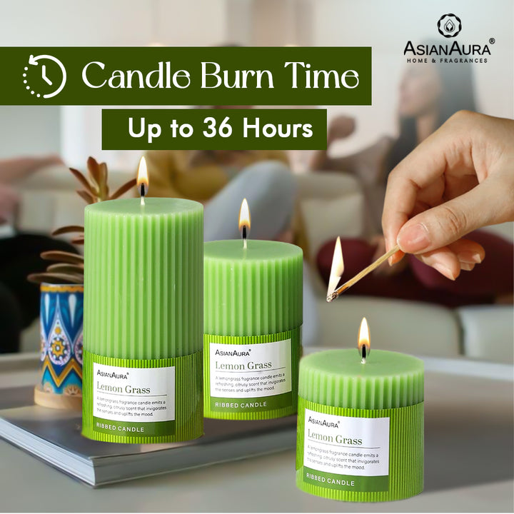 Ribbed Pillar Candle (Pack of 3) - Lemon Grass