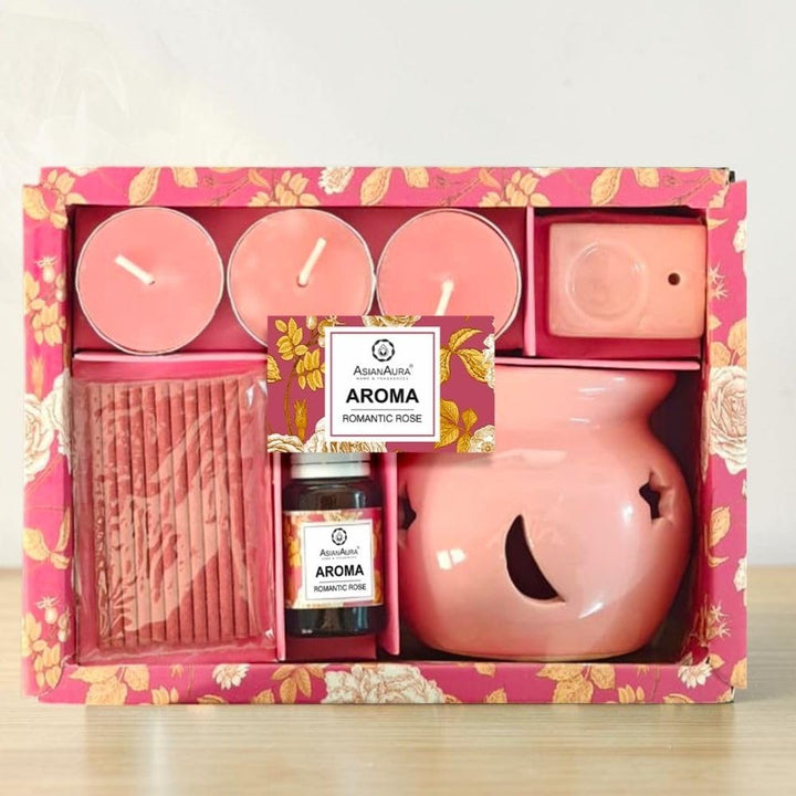 Asian Aura Aroma Gift Set- Ceramic Oil Diffuser, 10ml Aroma Oil, 3 Tealight Candles, Incense Sticks & Holder |for Home, Spa, Bedroom & Office | Diwali, Housewarming & Festive Gifts (Romantic Rose)