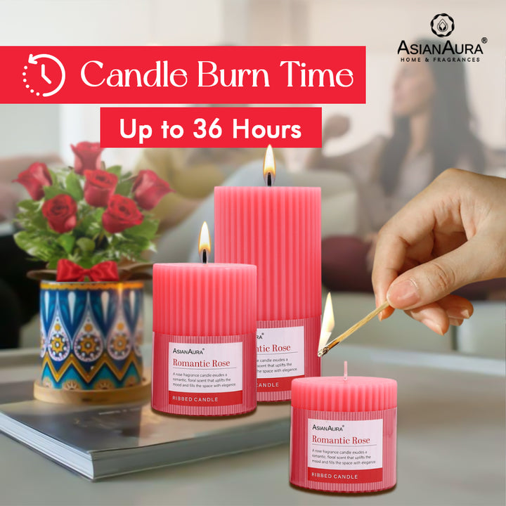 Ribbed Pillar Candle (Pack of 3) - Romantic Rose