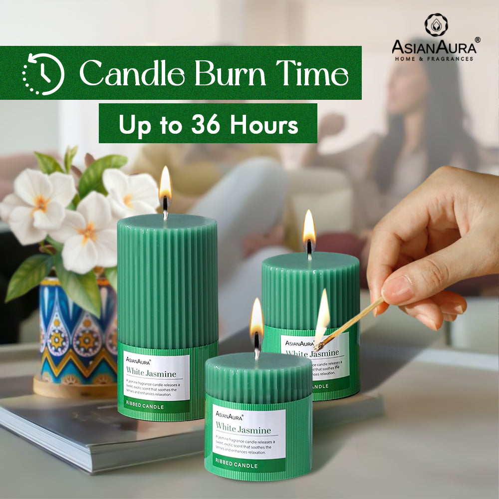 Ribbed Pillar Candle (Pack of 3) - White Jasmine