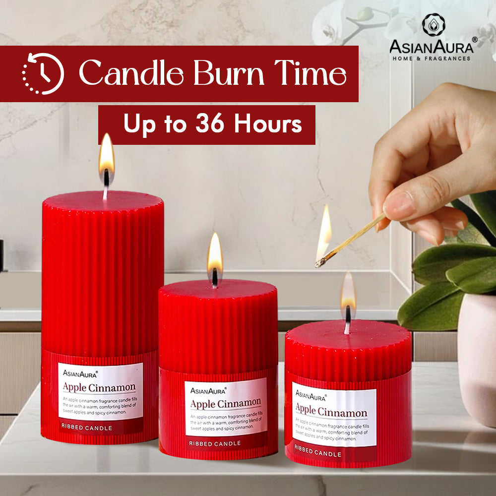 Ribbed Pillar Candle (Pack of 3) - Apple Cinnamon