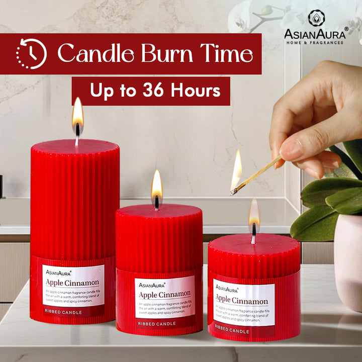 Ribbed Pillar Candle (Pack of 3) - Apple Cinnamon