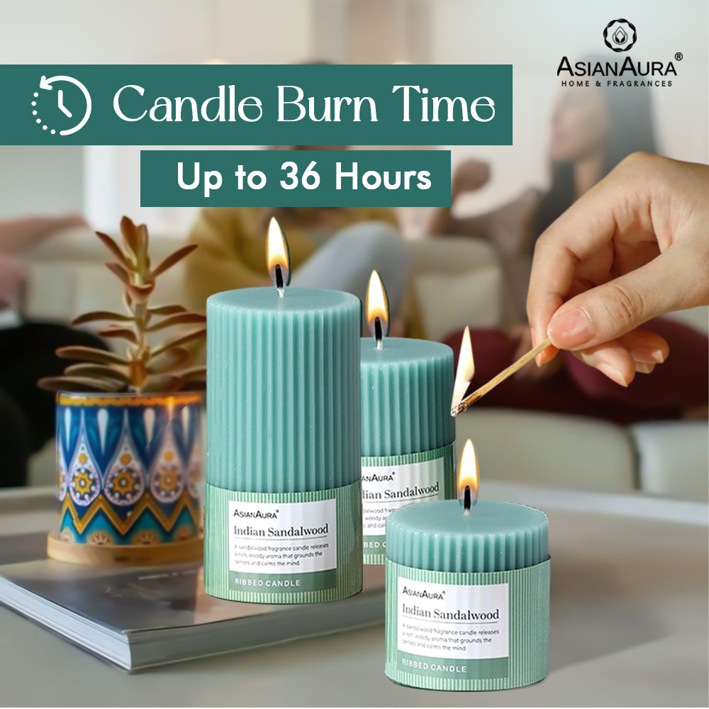 Ribbed Pillar Candle (Pack of 3) - Indian Sandalwood