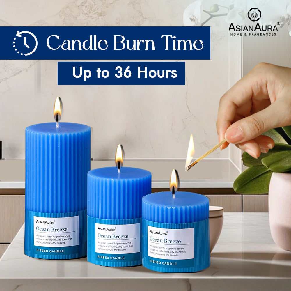 Ribbed Pillar Candle (Pack of 3) - Ocean Breeze