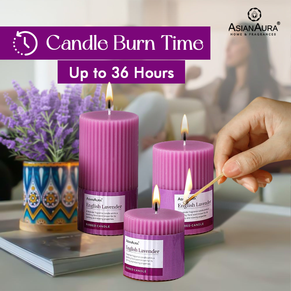 Ribbed Pillar Candle (Pack of 3) - English Lavender