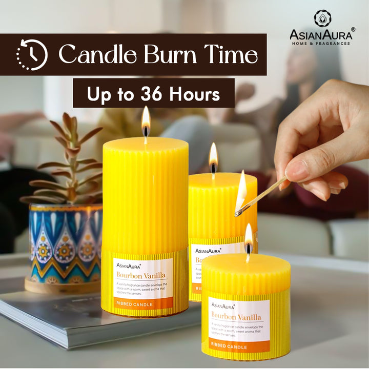 Ribbed Pillar Candle (Pack of 3) - Bourbon Vanilla