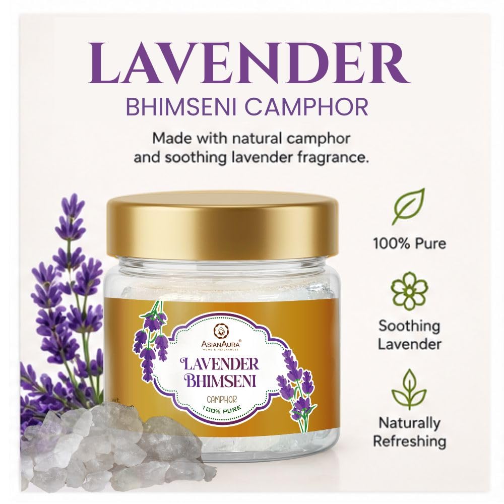 Bhimseni Camphor 50g Jar Pack of 1 | 100% Pure Natural Kapooram for Puja, Havan, Meditation & Aromatherapy | Sweet Fragrance Kapur for Home| (Bhimseni Camphor Lavender-50g)