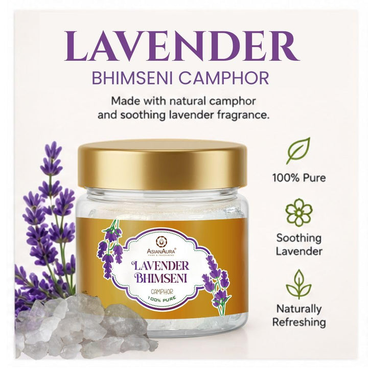 Bhimseni Camphor 50g Jar Pack of 1 | 100% Pure Natural Kapooram for Puja, Havan, Meditation & Aromatherapy | Sweet Fragrance Kapur for Home| (Bhimseni Camphor Lavender-50g)