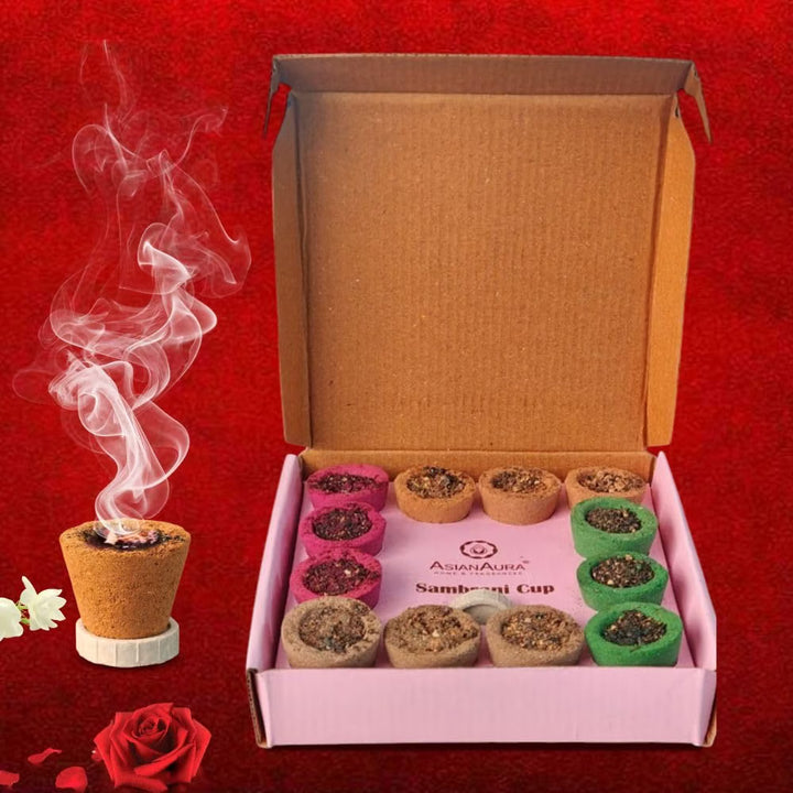 Asian Aura 4-in-1 Sambrani Dhoop Cups | Sandalwood, Rose, Jasmine & Guggal (Pack of 12)
