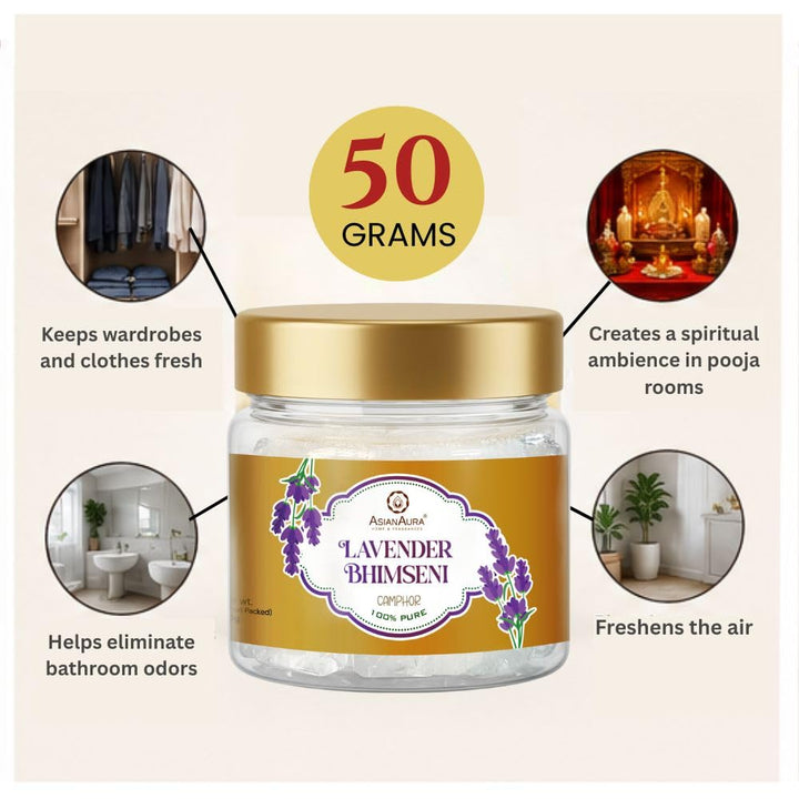 Bhimseni Camphor 50g Jar Pack of 1 | 100% Pure Natural Kapooram for Puja, Havan, Meditation & Aromatherapy | Sweet Fragrance Kapur for Home| (Bhimseni Camphor Lavender-50g)
