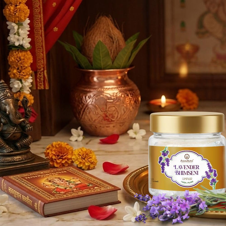 Bhimseni Camphor 50g Jar Pack of 1 | 100% Pure Natural Kapooram for Puja, Havan, Meditation & Aromatherapy | Sweet Fragrance Kapur for Home| (Bhimseni Camphor Lavender-50g)