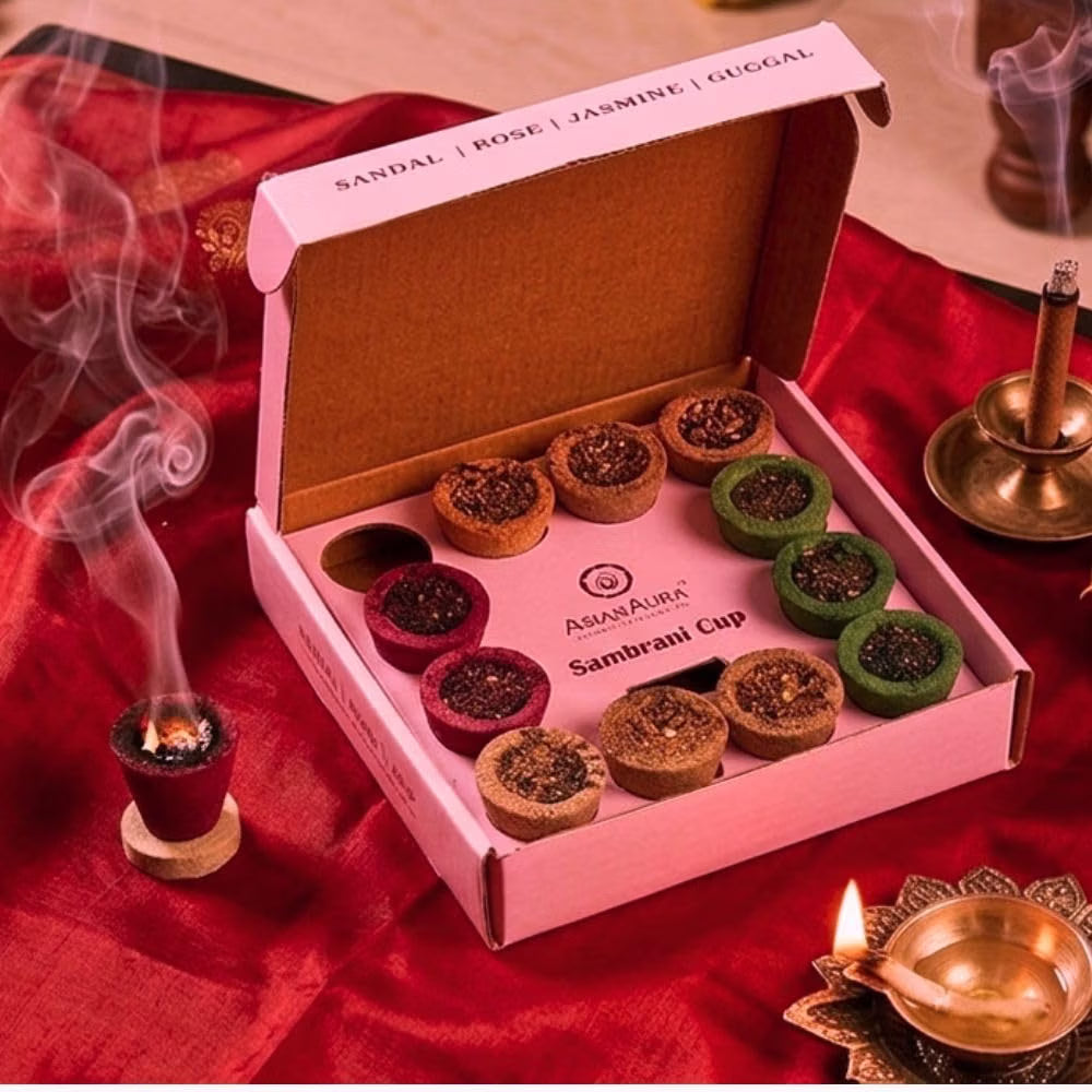 Asian Aura 4-in-1 Sambrani Dhoop Cups | Sandalwood, Rose, Jasmine & Guggal (Pack of 12)