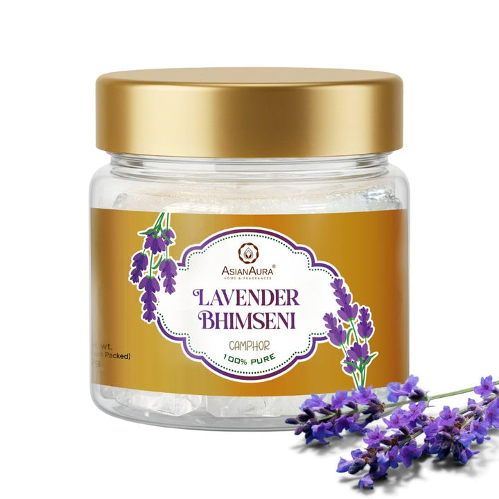 Bhimseni Camphor 50g Jar Pack of 1 | 100% Pure Natural Kapooram for Puja, Havan, Meditation & Aromatherapy | Sweet Fragrance Kapur for Home| (Bhimseni Camphor Lavender-50g)