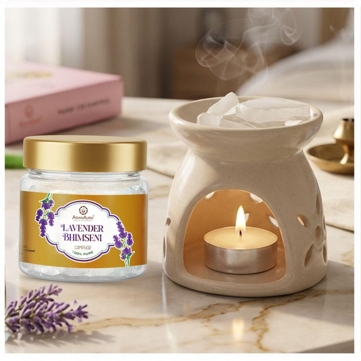 Bhimseni Camphor 50g Jar Pack of 1 | 100% Pure Natural Kapooram for Puja, Havan, Meditation & Aromatherapy | Sweet Fragrance Kapur for Home| (Bhimseni Camphor Lavender-50g)