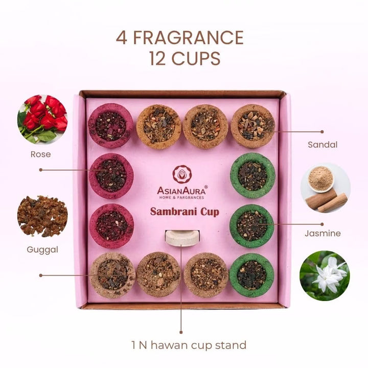 Asian Aura 4-in-1 Sambrani Dhoop Cups | Sandalwood, Rose, Jasmine & Guggal (Pack of 12)