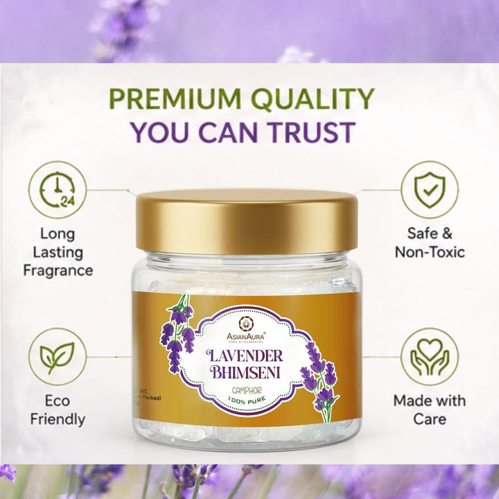 Bhimseni Camphor 50g Jar Pack of 1 | 100% Pure Natural Kapooram for Puja, Havan, Meditation & Aromatherapy | Sweet Fragrance Kapur for Home| (Bhimseni Camphor Lavender-50g)