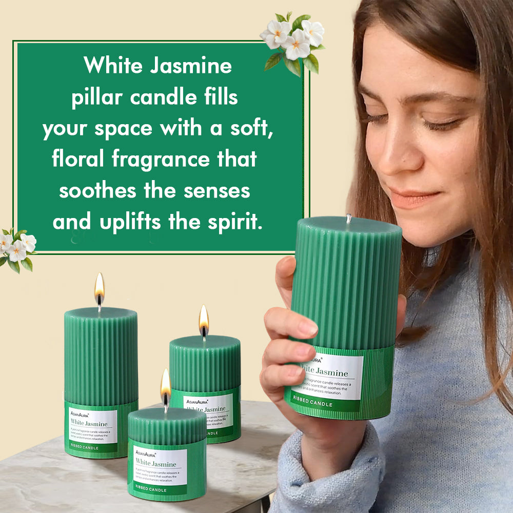 Ribbed Pillar Candle (Pack of 3) - White Jasmine