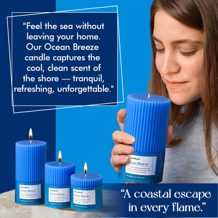 Ribbed Pillar Candle (Pack of 3) - Ocean Breeze
