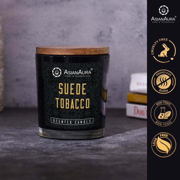 Black Jar Candle with Wooden Lid  - Suede Tobacco