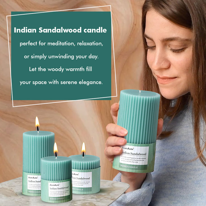 Ribbed Pillar Candle (Pack of 3) - Indian Sandalwood