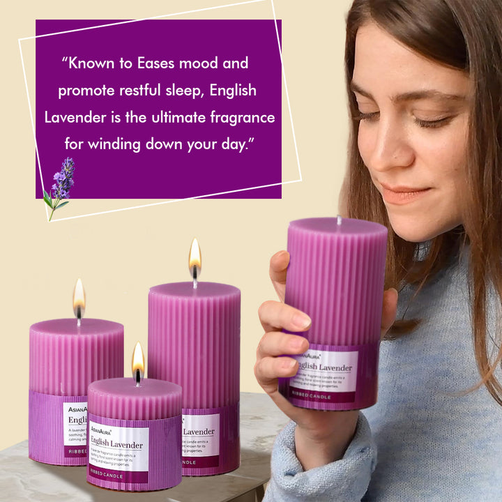 Ribbed Pillar Candle (Pack of 3) - English Lavender