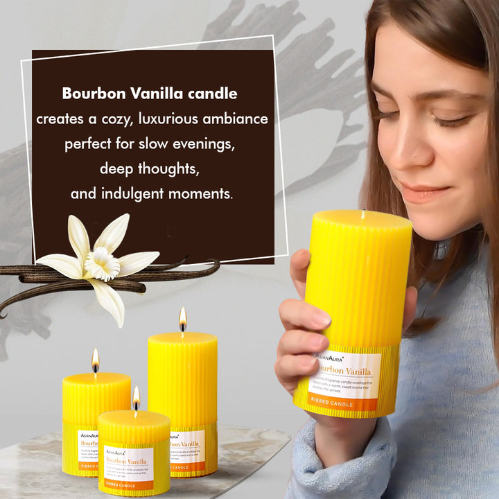 Ribbed Pillar Candle (Pack of 3) - Bourbon Vanilla