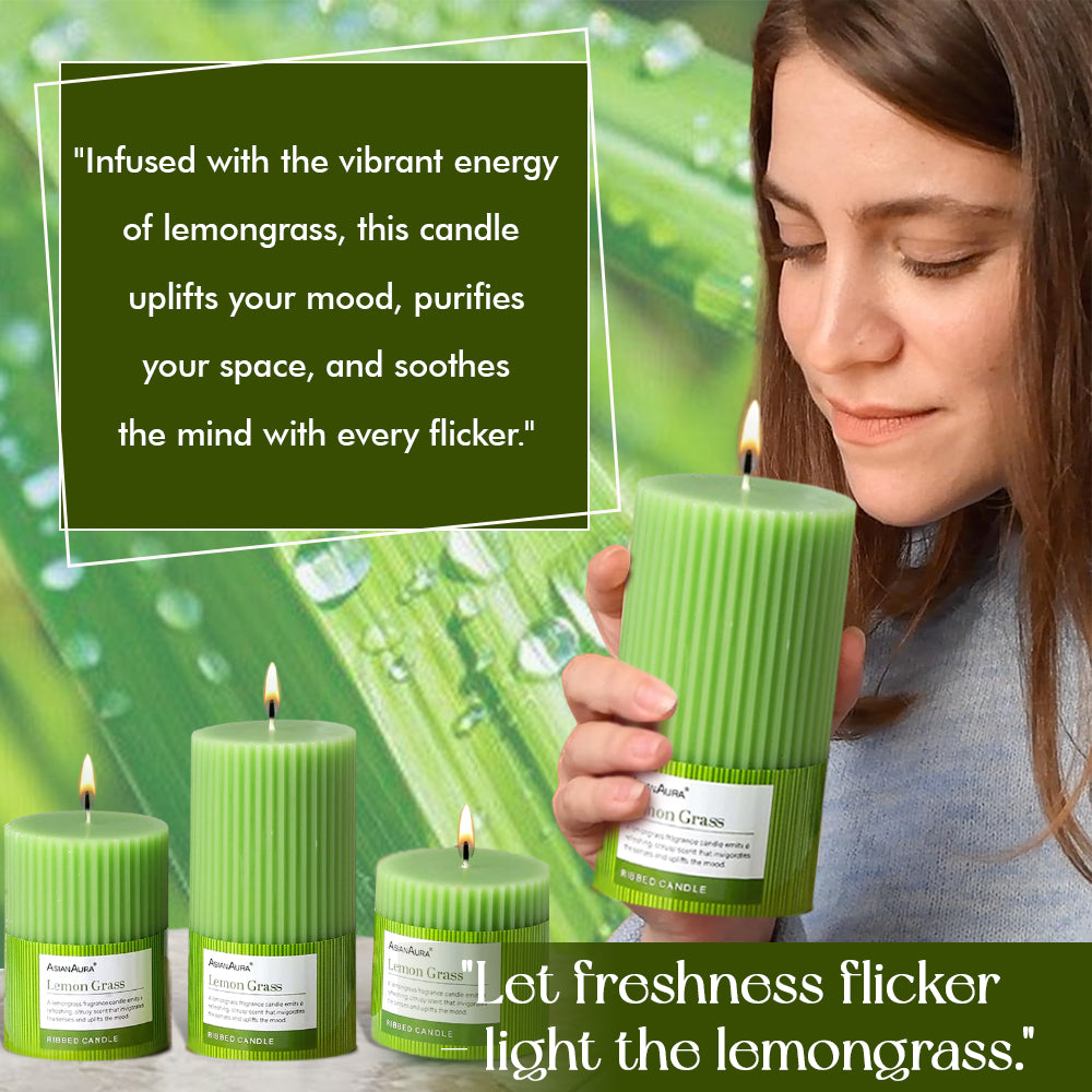 Ribbed Pillar Candle (Pack of 3) - Lemon Grass