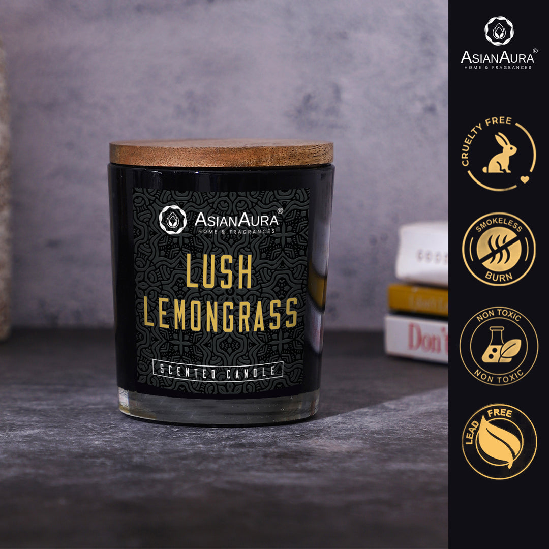 Black Jar Candle with Wooden Lid  - Lush Lemongrass
