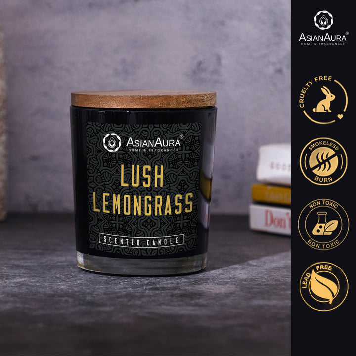 Black Jar Candle with Wooden Lid  - Lush Lemongrass