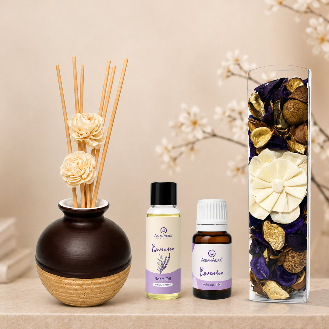 Asian Aura Lavender Reed Diffuser Gift Set with Ceramic Pot, Potpourri & Aroma Oil