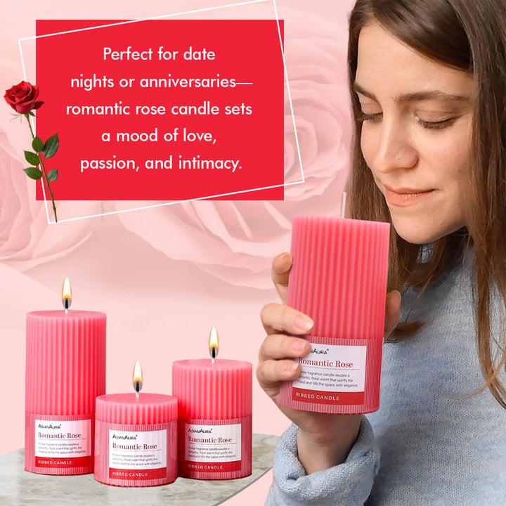 Ribbed Pillar Candle (Pack of 3) - Romantic Rose