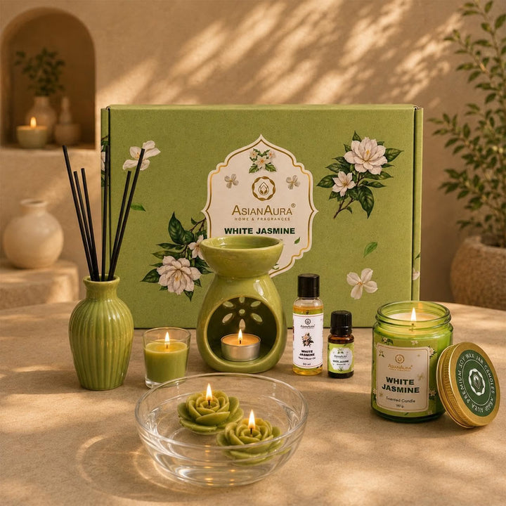 Asian Aura Aroma Gift Set with Oil Burner, Reed Diffuser, Jar Candles & Floater Candles