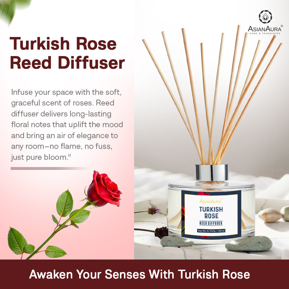 Air Diffuser Turkish Turkish Rose Reed Diffuser 120ml | Long Lasting Home Fragrance | Asian Aura