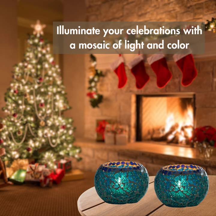 Glass Mosaic Tea Light Candle Holder (Turquoise)(Pack of 2)