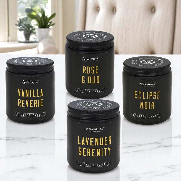 Black Screw Jar Candle(Pack of 4)-Eclipse Noir, Vanilla Reverie, Lavender Serenity, Rose & Oud