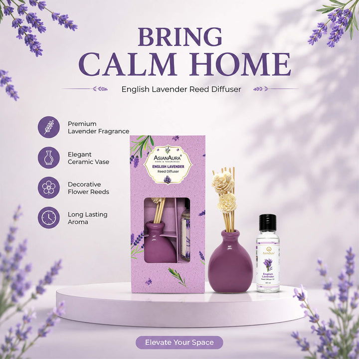 Asian Aura Premium English Lavender Reed Diffuser for Home | Long-Lasting Room Freshener & Home Fragrance | Decorative Aroma Diffuser | Ideal for Gifting