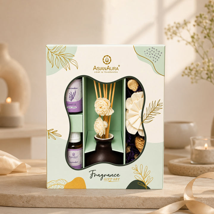 Asian Aura Lavender Reed Diffuser Gift Set with Ceramic Pot, Potpourri & Aroma Oil