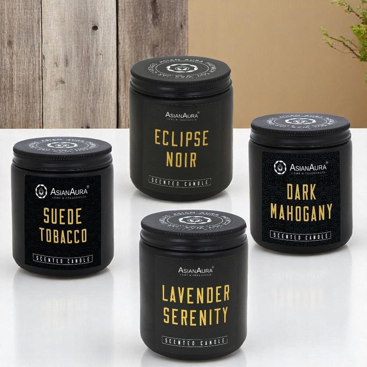 Black Screw Jar Candle(Pack of 4)- Dark Mahogany, Lavender Serenity, Suede Tobacco, Eclipse Noir