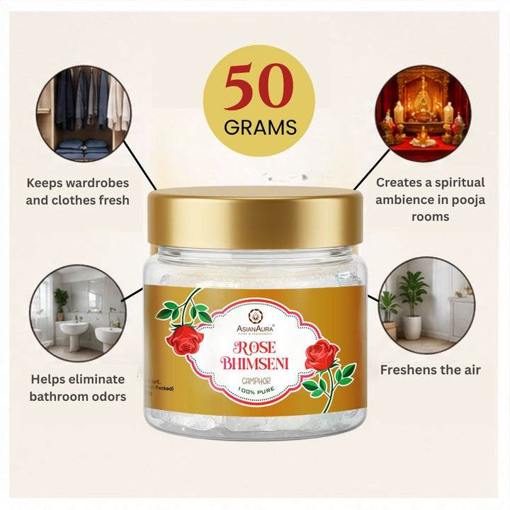 Asian Aura Bhimseni Camphor with Rose Fragrance for Havan and Pooja
