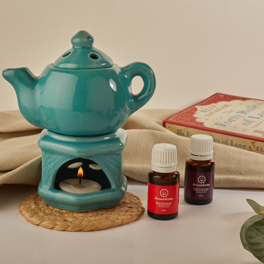 Ceramic Kettle Candle Diffuser Gift Set with Aroma Oils and Tea Light