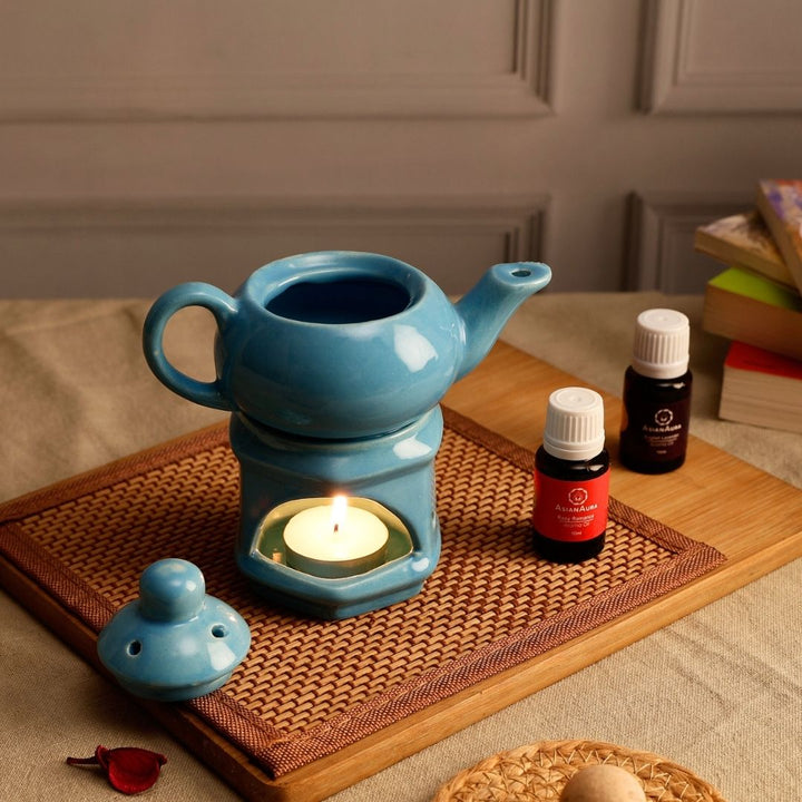 Light Blue Ceramic Kettle Candle Diffuser Gift Set with Aroma Oils